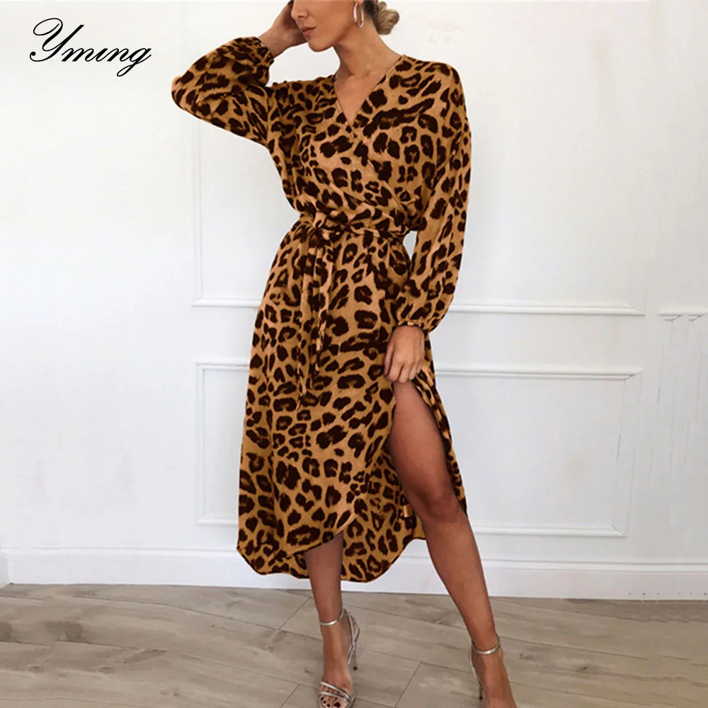 

Yming Leopard Print Long Maxi Dress Women Long Sleeve Evening Party Dresses V-Neck Split Vestidos Casual Boho Dress Sundress
