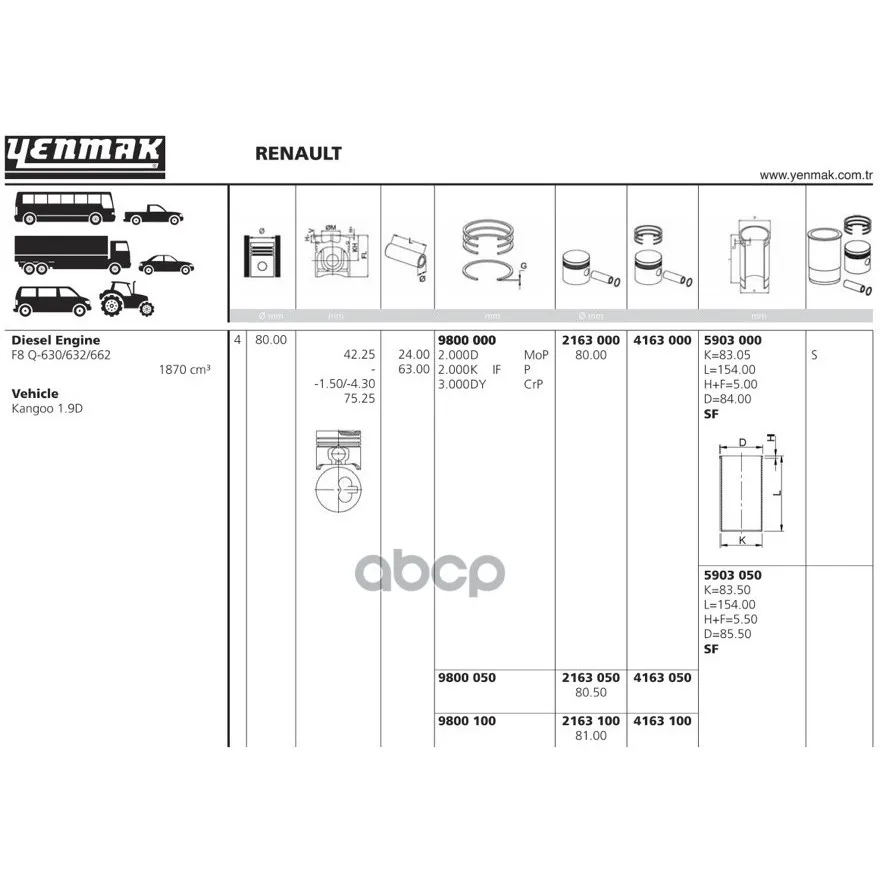 Поршень Двс С Кольцами Renault 1.9d F8q.630 =80 2x2x3 Std 96 YENMAK арт. 4163.000