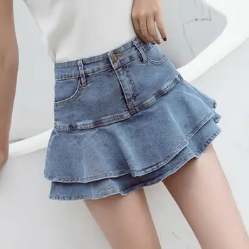 

New Summer Mini Jeans Skirt Women Sexy High Waist Shorts Pleated Skirts Fashion Casual Stretch Denim Skirts Faldas a1315