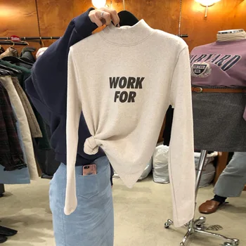 

South Korea Dongdaemun Early Autumn New Style Half Turtleneck Printed Lettered Long-sleeved T-shirt Female Versitile Fashion Ele