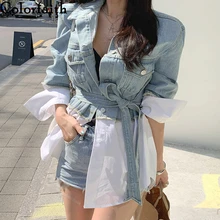 Colorfaith, новинка, Осень-зима, женские джинсовые куртки, пэчворк, с поясом, на шнуровке, верхняя одежда, высокая уличная мода, джинсы, JK7064