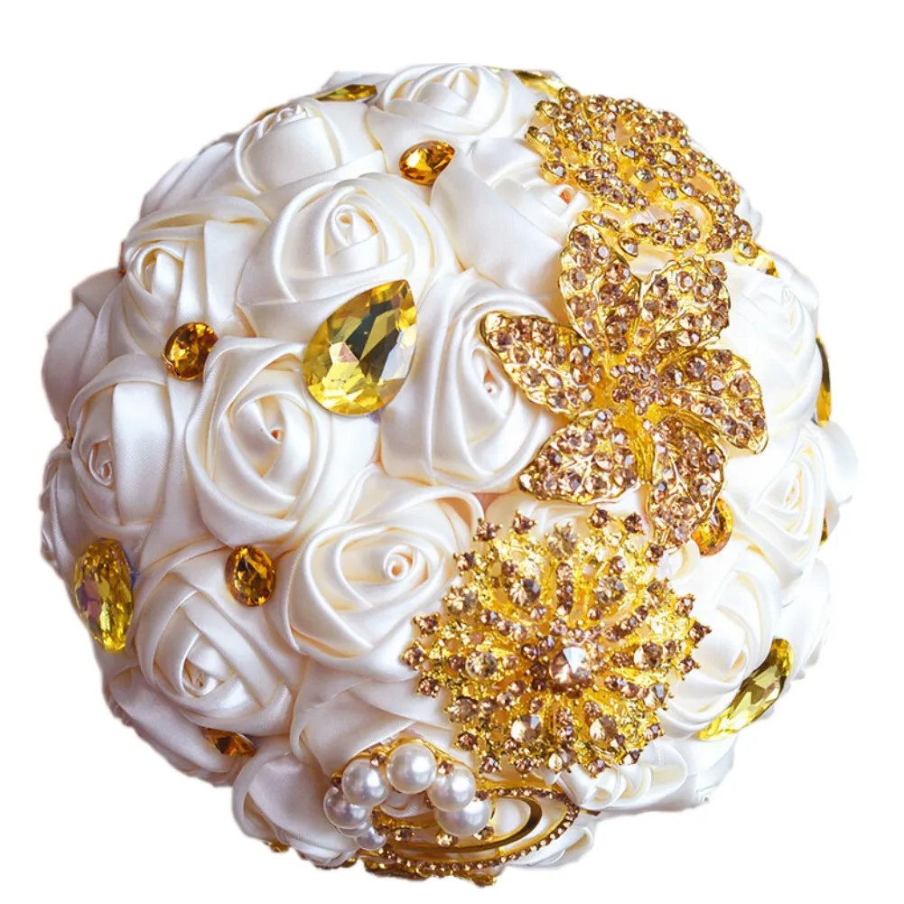

Luxury Gold Crystal Rhinestones Silk Rose Flowers Wedding Bouquet Silk Bridal Bouquets Country Designer Fashion