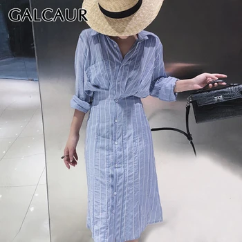 

GALCAUR Striped Tunic Dresses For Women Lapel Collar Batwing Long Sleeve High Waist Autumn Midi Dress Female Fashion Clothes New