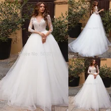 Бежевый свадебный наряд одежда с длинным рукавом и кружевной аппликацией трапециевидной формы пол Длина свадебные платья, платья невесты плюс Размеры Vestidos de novia