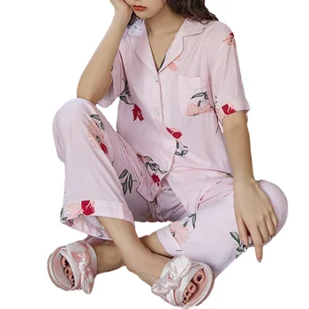 

Women Nightwear, Floral Sleeping Shirt, Chest Pocket Deep V-Neck Night Bedroom Trousers