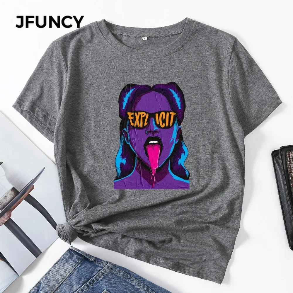 

JFUNCY Plus Size 5XL Summer Women Cotton T-shirt Creative Pattern Print Graphic Tee Shirts Short Sleeve Female Tops Pink Tshirt
