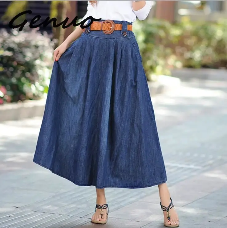 S 6XL размера плюс джинсовые длинные юбки для женщин s винтажные повседневные джинсы макси юбка летний Стиль Высокая талия Для Женщин Saia плиссированные низ