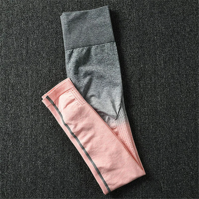 Ombre бесшовный комплект, женский спортивный костюм, одежда для тренажерного зала, тренировочная одежда с длинным рукавом, укороченный топ для фитнеса и резинка для волос, леггинсы, комплект для йоги, топ и штаны - Цвет: Peach And Gray Pants