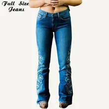 Большие размеры, винтажные длинные джинсы с цветочной вышивкой и расклешенным подолом 3Xl, сексуальные Стрейчевые с посадкой на талии, обтягивающие готические джинсовые брюки