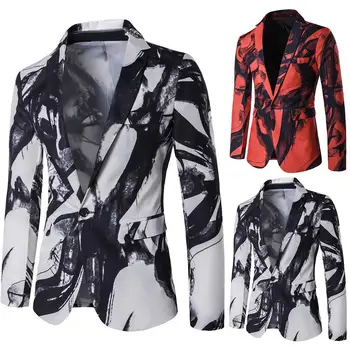 

Fashion Men Blazer Ink Painting Print Lapel Long Sleeve Pockets Blazer Suit Outwear Coat Wedding Prom Blazers heren colberts