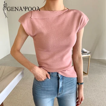 

Genayooa Casual Short T Shirts Women 2020 Summer Solid Vintage Tops Mujer Knitted Skew Collar White T Shirt Ladies Korean Style