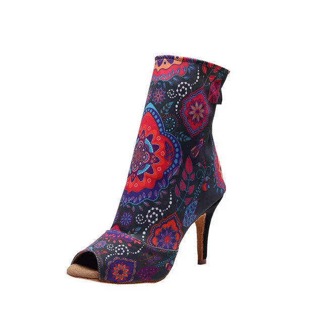 Black 85mm heel Новые Современные тканевые танцевальные туфли с цветочным принтом для сальсы; женская обувь; простая стильная обувь для латинских танцев для девочек; Танцевальная обувь с мягкой подошвой для бальных танцев - Цвет: Black 85mm heel