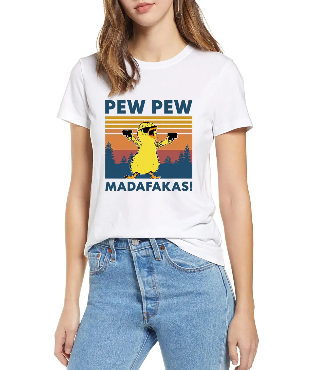 

Pew Pew Madafakas Funny Chicken Gangster Meme Vintage 2023 Summer Women's 100% cotton short sleeves T-Shirt Humor Gift Tops tee