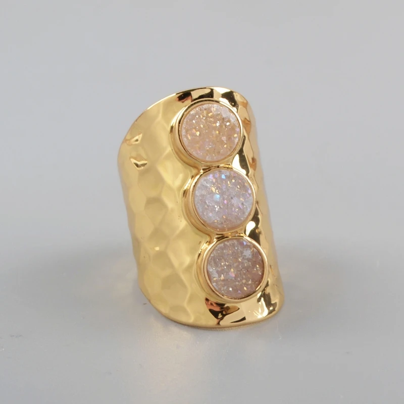 BOROSA, Прямая поставка, натуральный Титан, AB, белая Друза, обручальное кольцо, эквивалентное, три, Круглые, темно-радужные драгоценные камни, обручальное кольцо