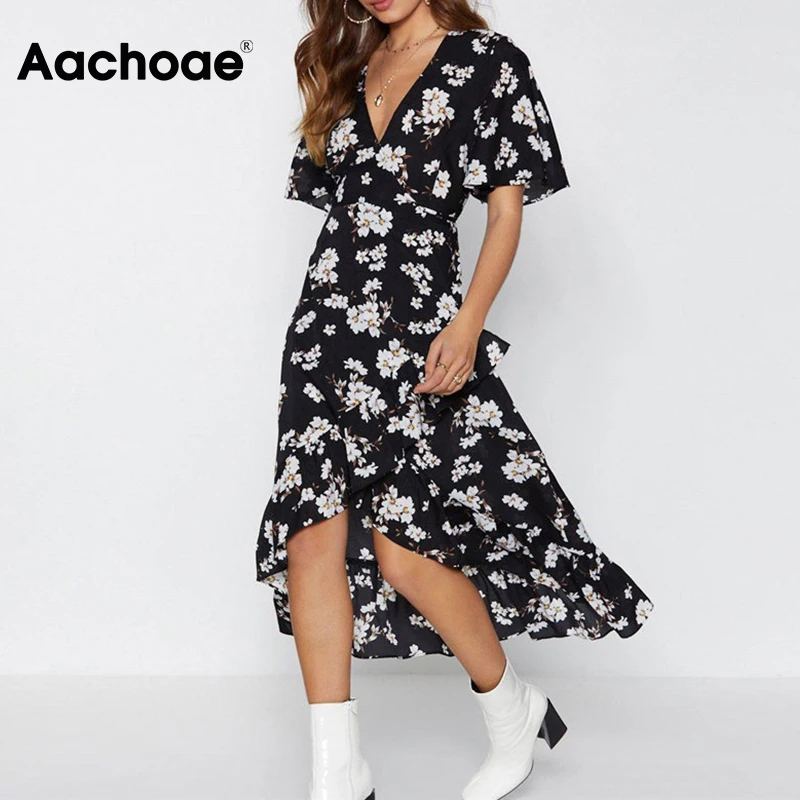 

Elegant Floral Print Long Dress 2020 Women Boho Style Beach Dress Fashion Ruffles V neck Sundress Vestidos de fiesta