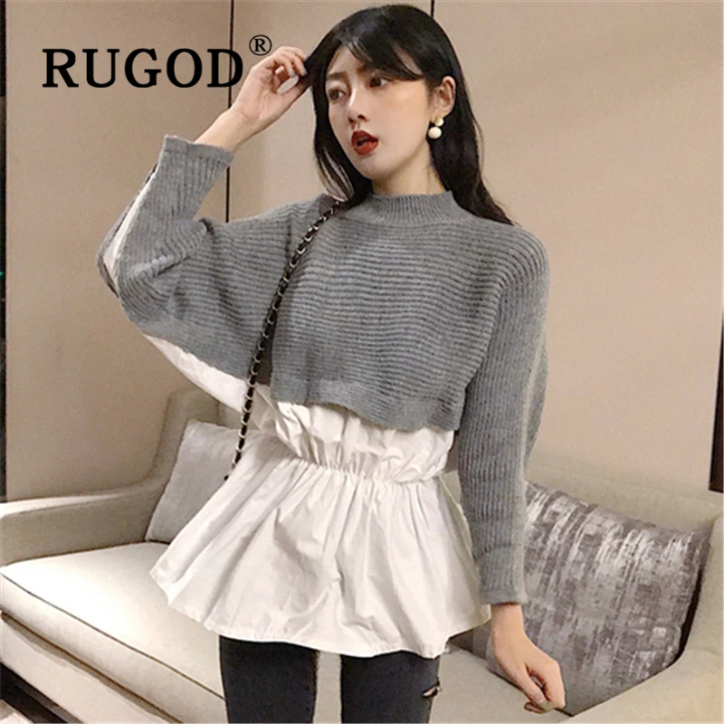 RUGOD элегантный лоскутный вязаный женский свитер модный круглый вырез рукав "летучая мышь" топы для колледжа Auturm Повседневная Женская одежда с оборками