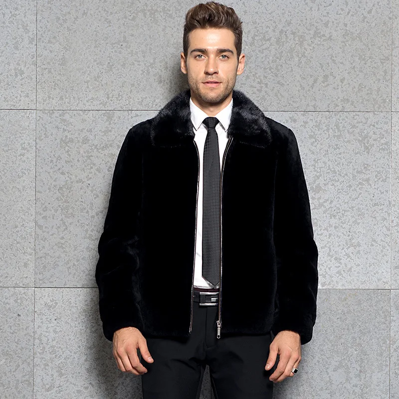 Turn down collar Пальто с натуральным мехом, мужская одежда, зимняя куртка из короткой овечьей шерсти, мужской норковый меховой воротник, шерсть, меховые пальто с капюшоном KJ3001 - Цвет: Turn down collar