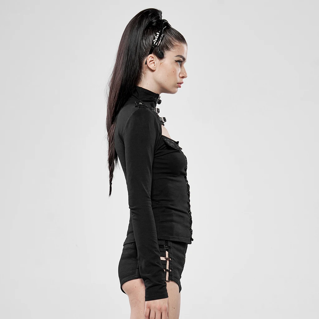 Панк рейв женская военная форма скрывающаяся футболка с длинным рукавом стрейчевая трикотажная петелька веревка металлическая молния открытая Высокая шея сексуальные топы