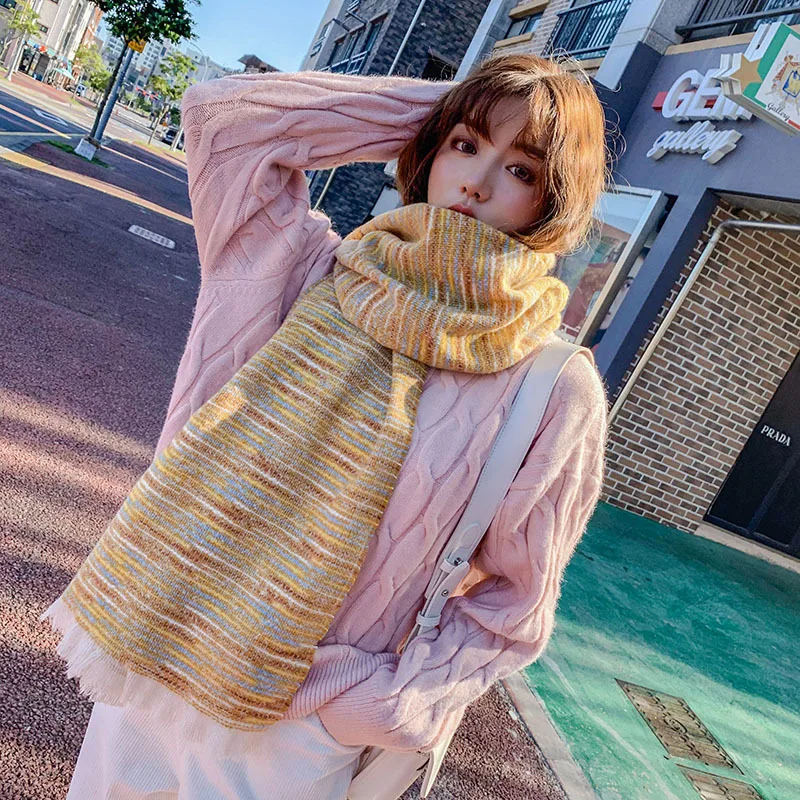 2019 New Women Winter Rainbow Striped Scarf Shawls Warm Cotton Blends Scarves Female Blanket Lady Wraps Foulard Femme | Аксессуары для