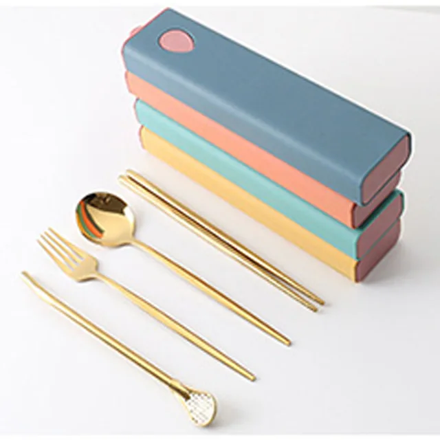 3PCs/4PCs Glossy Stainless Steel Tableware Spoon Fork Knife Straw Reusable Travel Cutlery Set Camp Utensils Set Portable Case B-Gold