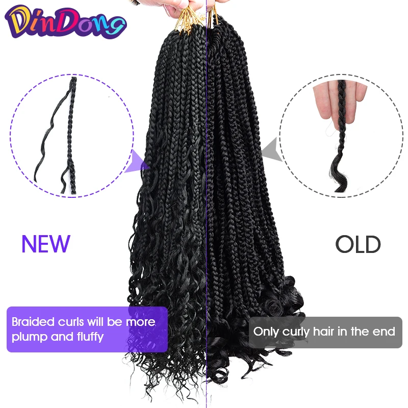 DinDong Box Braids with Curly Hair Synthetic Crochet Braiding Hair Extension 18 inch Messy Knotless Bohemian Goddess Box Braid B