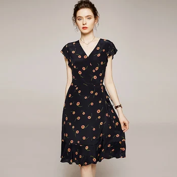 

100% Silk Women's Runway Dresses Sexy V Neck Flare Sleeves Printed Lace Up Fashion Casual Summer Dresses