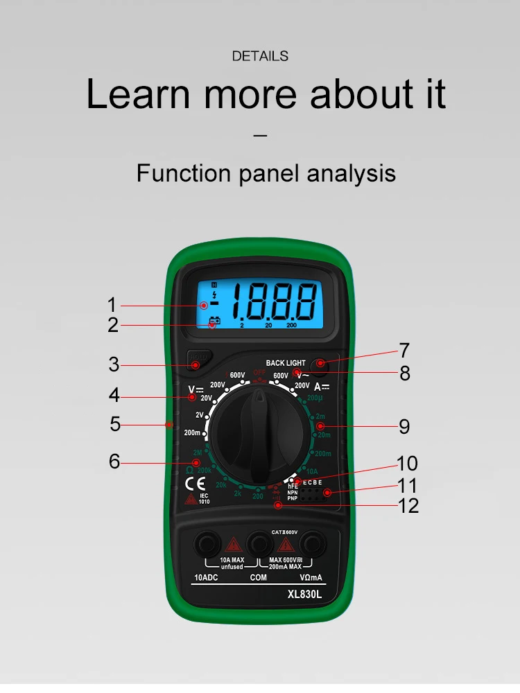 Портативный цифровой мультиметр с подсветкой AC/DC Амперметр Вольтметр Ом метр тестер XL830L Ручной ЖК-мультиметр