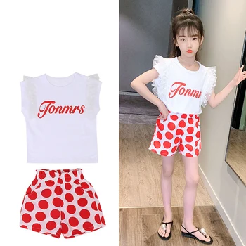 

Summer Teen Girls Clothing Set 2020 Children Cotton Tops Polka Dot Short Pants 2Pcs Kids Outfits Girl Clothes For 4 8 12 14 Year