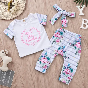 

Summer Outfits for Baby Girls She Lovely Letters Print White Top Infant Stripe and Floral Pants Headband Set Newborn Clothing