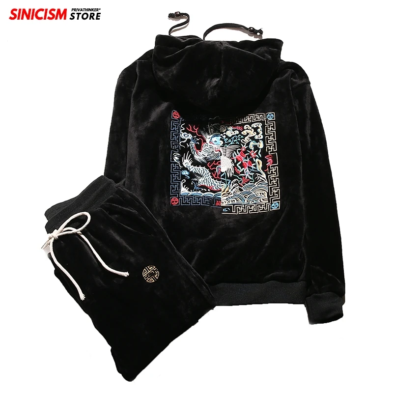 Sinicism Store мужские утепленные толстовки осень-зима, мужские толстовки с вышитым драконом, мужские стильные толстовки с капюшоном