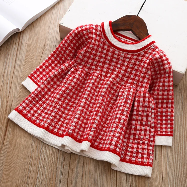 Новое Детское платье-свитер Детское весенне-осеннее трикотажное платье для девочек теплый милый свитер в клетку с круглым вырезом платье принцессы