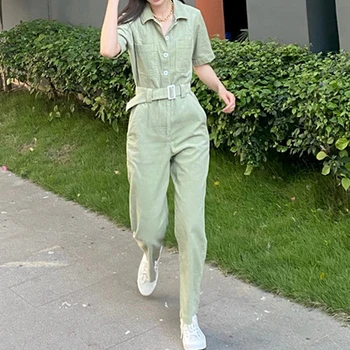 

HIGH QUALITY Newest Fashion Runway 2020 Designer Jumpsuit Women's Short Sleeve Corduroy Belted Jumpsuit