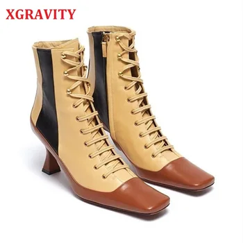 

XGRAVITY New Winter Casual Ladies Ankle Square ToeBoots Elegant Mix Colored Mid-Heeled Leisure Elegant Ladies Footwear S051