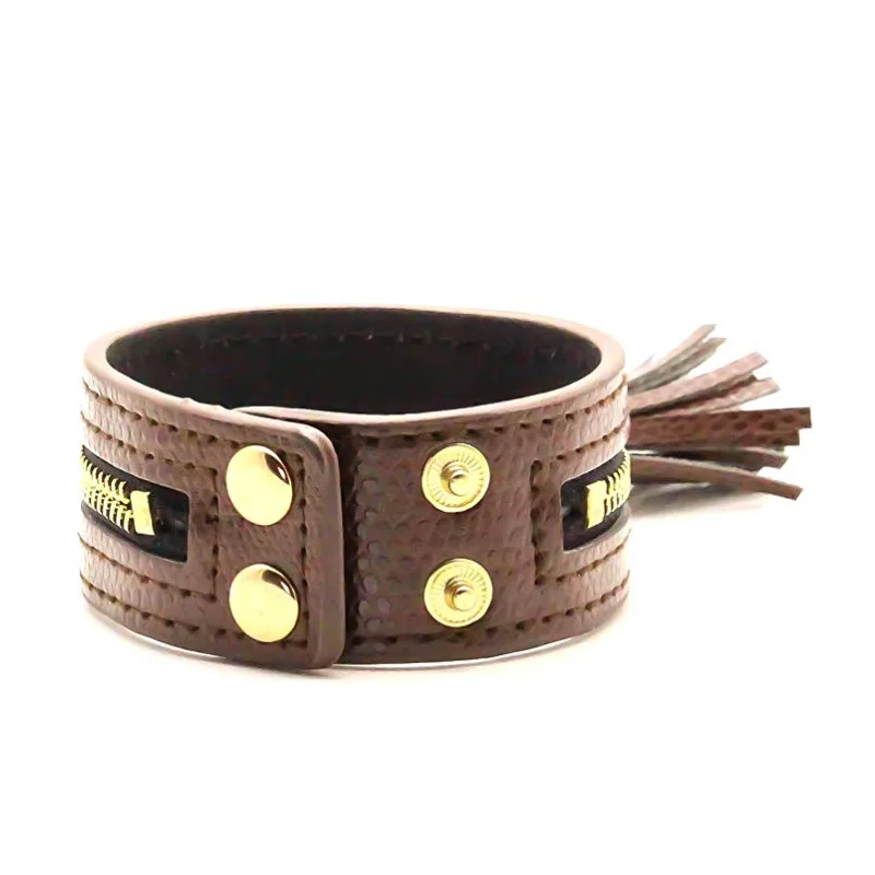 Браслет из натуральной кожи для женщин, высококачественный кожаный браслет в стиле панк, 4 цвета, браслет на молнии с подвесками-кисточками