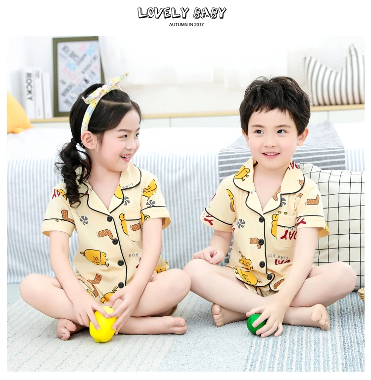 cheap plus size pajama sets 2020 New Children's Boys Pajamas Set summer short sleeve T-Shirts Trousers Cotton Cardigan Pyjamas Teen Boy Home Wear Suits Kids custom pajama sets	