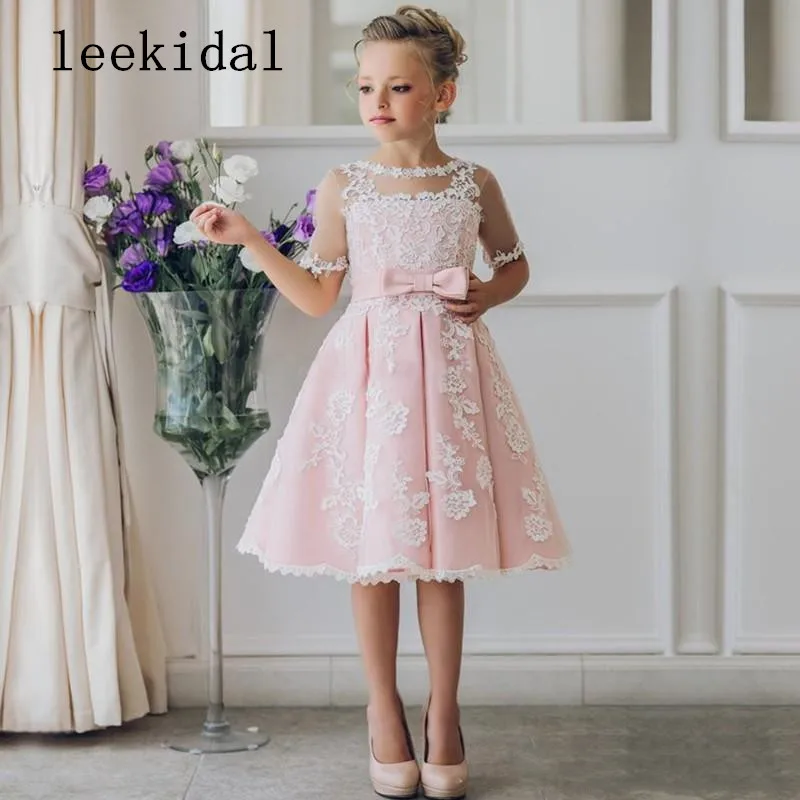 

Long Sleeve Vintage Lace A Line Flower Girls Dress Pink Girls Celebrations Party Dresses Birthday Gowns Custom