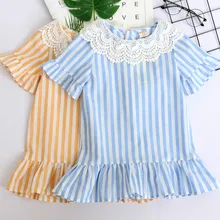 Детское платье в полоску г. Новые Детские платья для девочек, платье в полоску для девочек детское кружевное платье до колена с кружевным воротником