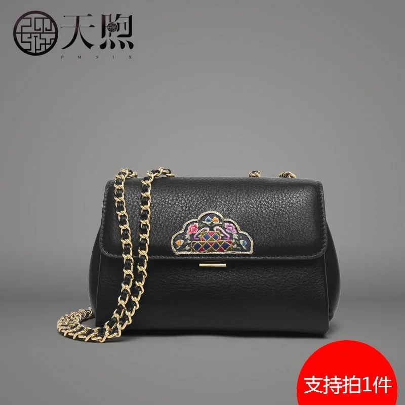 

Small Bag 2019 Embroidery Simple Oblique Satchel Female Genuine Leather Lady Single Shoulder Bag Chain Female Bag