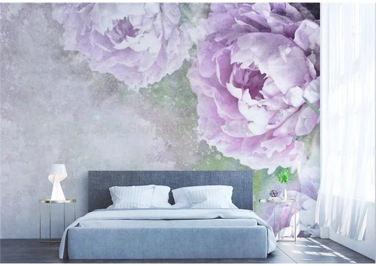 Parede Romântica, Aquarela Flores Roxas, Sala Quarto, Personalizado, 3 D