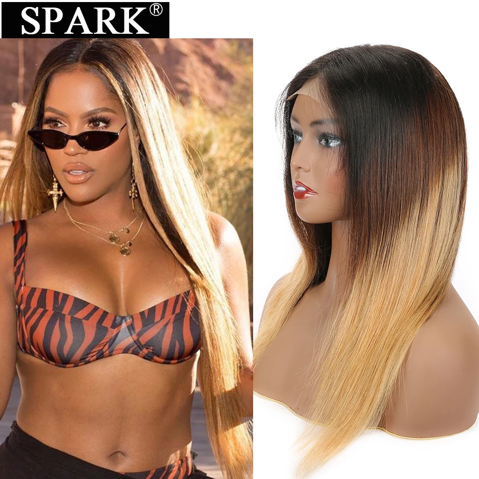 Wigs Lace Closure Blonde Lace-Frontal Human-Hair SPARK Straight 13x4 Brown Ombre Brazilian