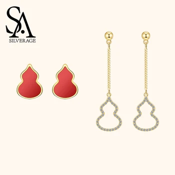 

SA SILVERAGE Gourd Earrings Zircon S925 Sterling Silver Jewelry Red and Silver Gourd Earings Fashion Jewelry Women Earring