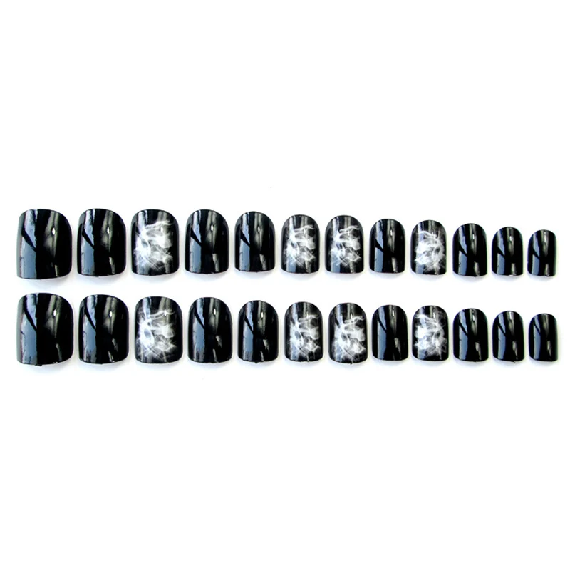 24 шт поддельные ногти набор маникюрные изделия черно-белые крутые дизайнерские Короткие Поддельные нашивка пальцы с клеем накладные ногти Хэллоуин