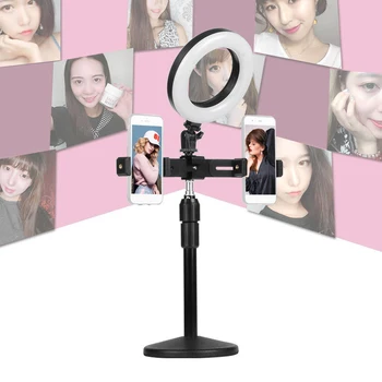 

6 Inch Mini LED Video Ring Light Lamp Dimmable 3 Lighting Modes USB Powered with Dual Phone Holder Bracket Desktop Light Stand