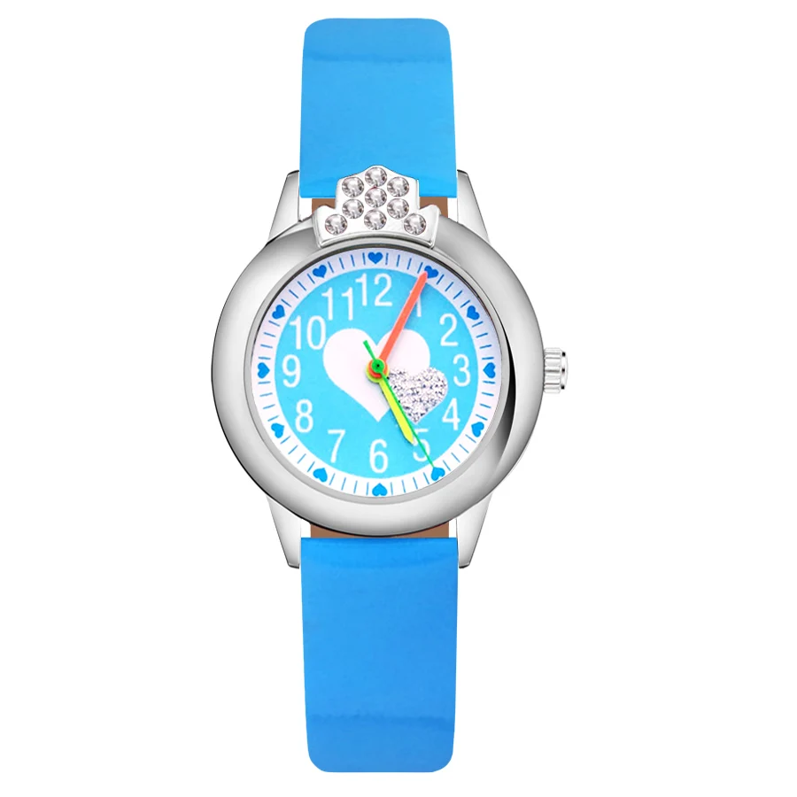 Sky Blue Детские часы в форме сердца с кристаллами, кварцевые наручные часы с кожаным ремешком для девочек, JK112 - Цвет: Sky Blue