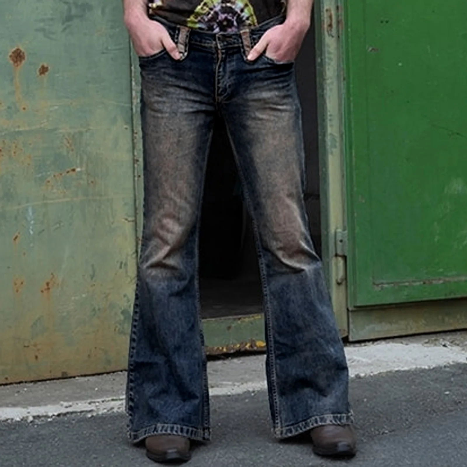 Men's Jeans Fashion Men's Vintage Punk Full Length Light Wash Bootcut Jeans Pocket Flare Pants High Quality Jeans Pantalones 1