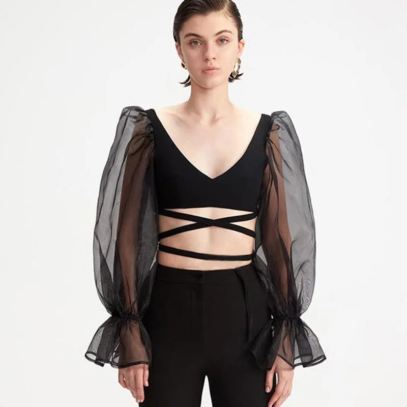 

2019 Solid Color Personality Cross Blouse Women Summer Puff Sleeve Tops Female Chic Blouses Shirts Sexy V Neck Tank Top
