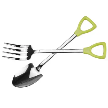 

2 PCS Stainless Steel Spoon And Fork Set 1 Cute Shovel Shape Spoon 1 Fork Tableware for Coffee Ice Cream Soup Honey Green Handle