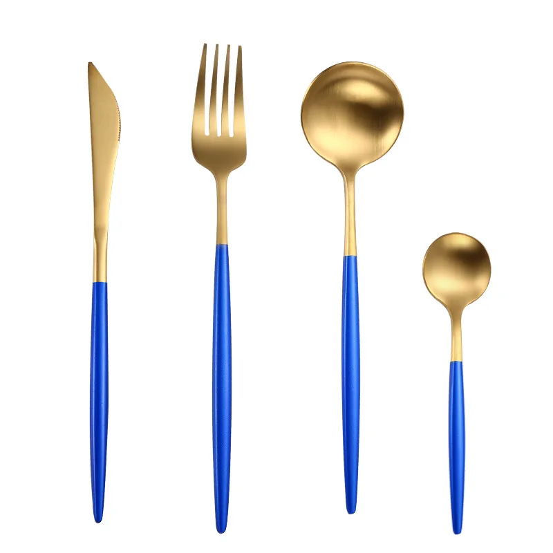 New Dinnerware Set Stainless Steel Black Handle Gold Cutlery Set Dinner Scoop Fork Knife Set Teaspoon Tableware Drop shipping - Цвет: blue gold