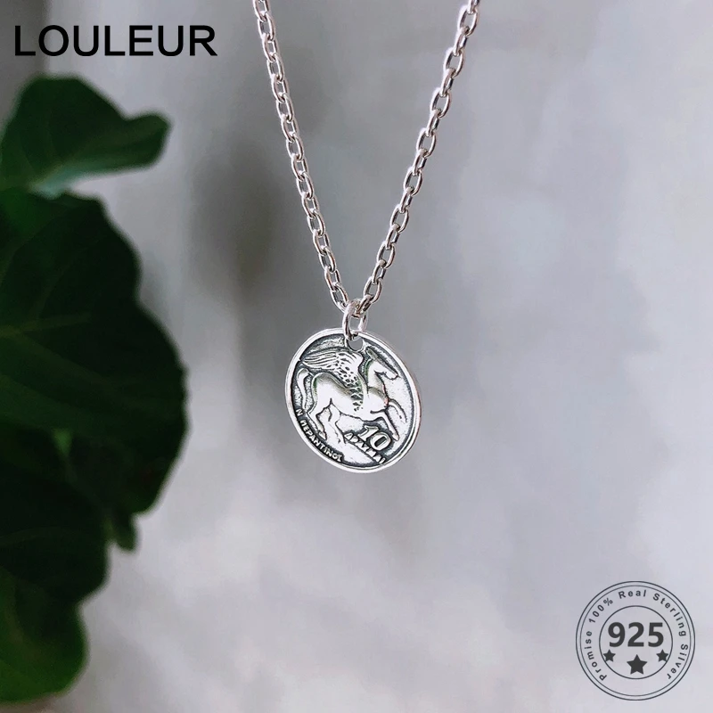Louleur, 925 пробы, серебряное, греческое ожерелье с пегасом, Ретро стиль, круглая монета, кулон, свитер, цепь, ожерелье для женщин, Серебряное ювелирное изделие