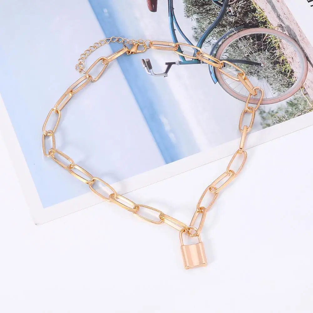 

Simplicity Love Lock Necklace Chain On The Neck With Lock Punk Jewelry Key Padlock Pendant Necklace For Women Gift ZTXL057